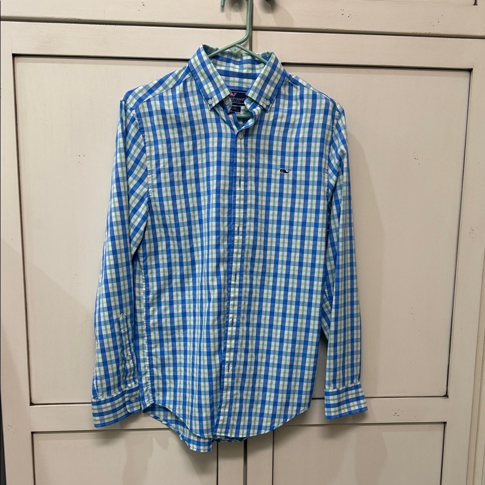 Vineyard Vines whale Blue and White Plaid Shirt. Nylon and polyester fabric.